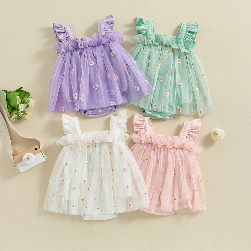 

Baby Girl Princess Romper Dress Daisy Embroidery Tulle Square Neck Fly Sleeve Mesh Bodysuits Newborn Infant Girl Summer Clothes