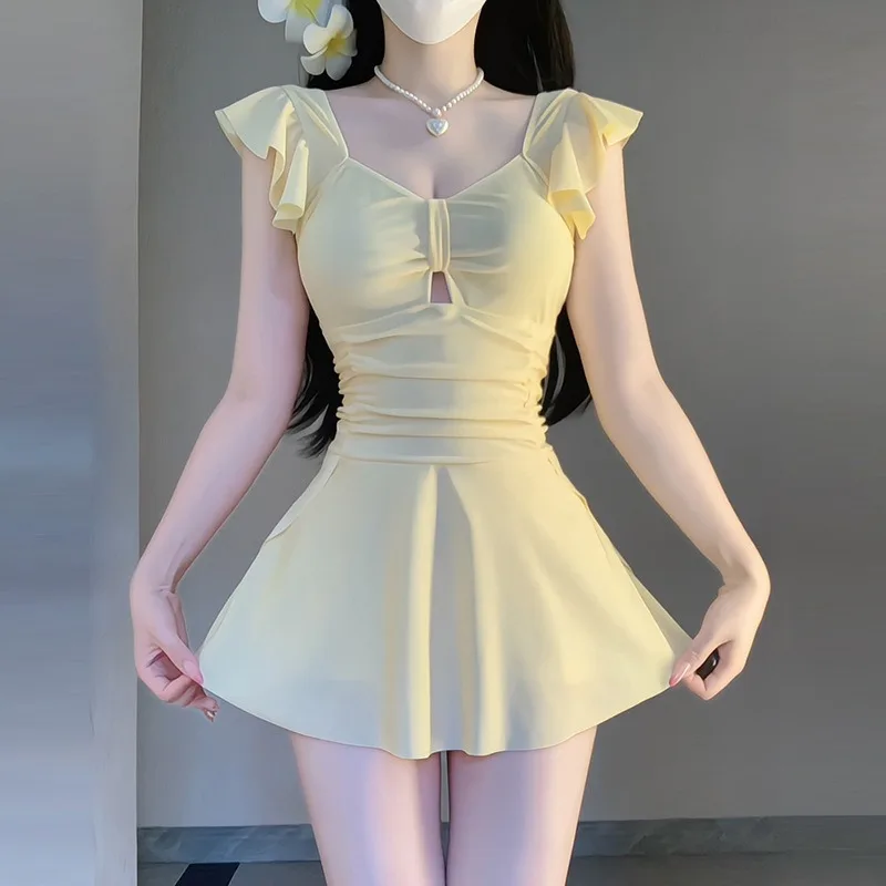 

Sweet Yellow Ruffle Sleeve One Piece Swimsuit Dress with Twist Front Cutout Ruched Waist Modest Swimwear for Beach Pool Vacation