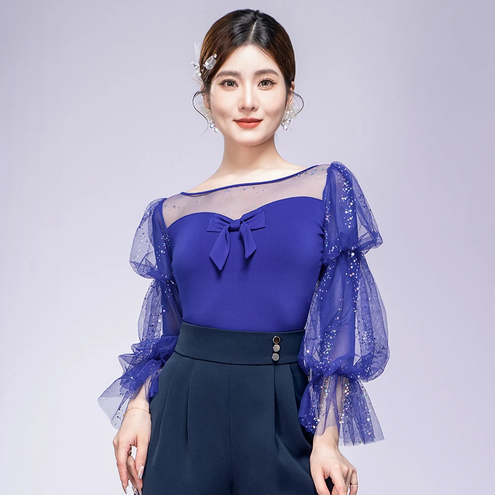 

Топ для латинских танцев, синяя женская одежда, новая одежда для выступлений, рубашка с сетчатыми шариками и пайетками, фиолетовая самба, с длинным рукавом