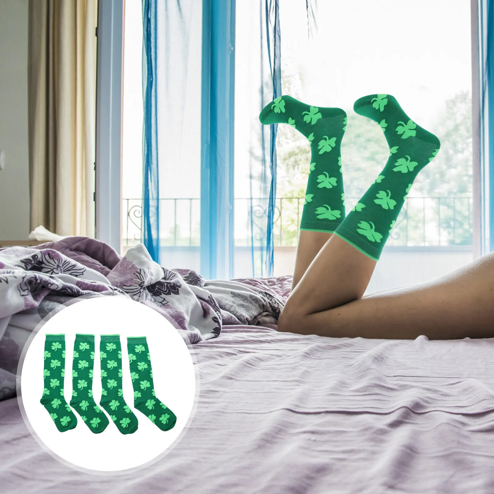 

2Pairs Clover Pattern Middle Tube Cotton Socks for Adults Sports Breathable Comfortable Stretchy Warm Winter Socks St Patricks
