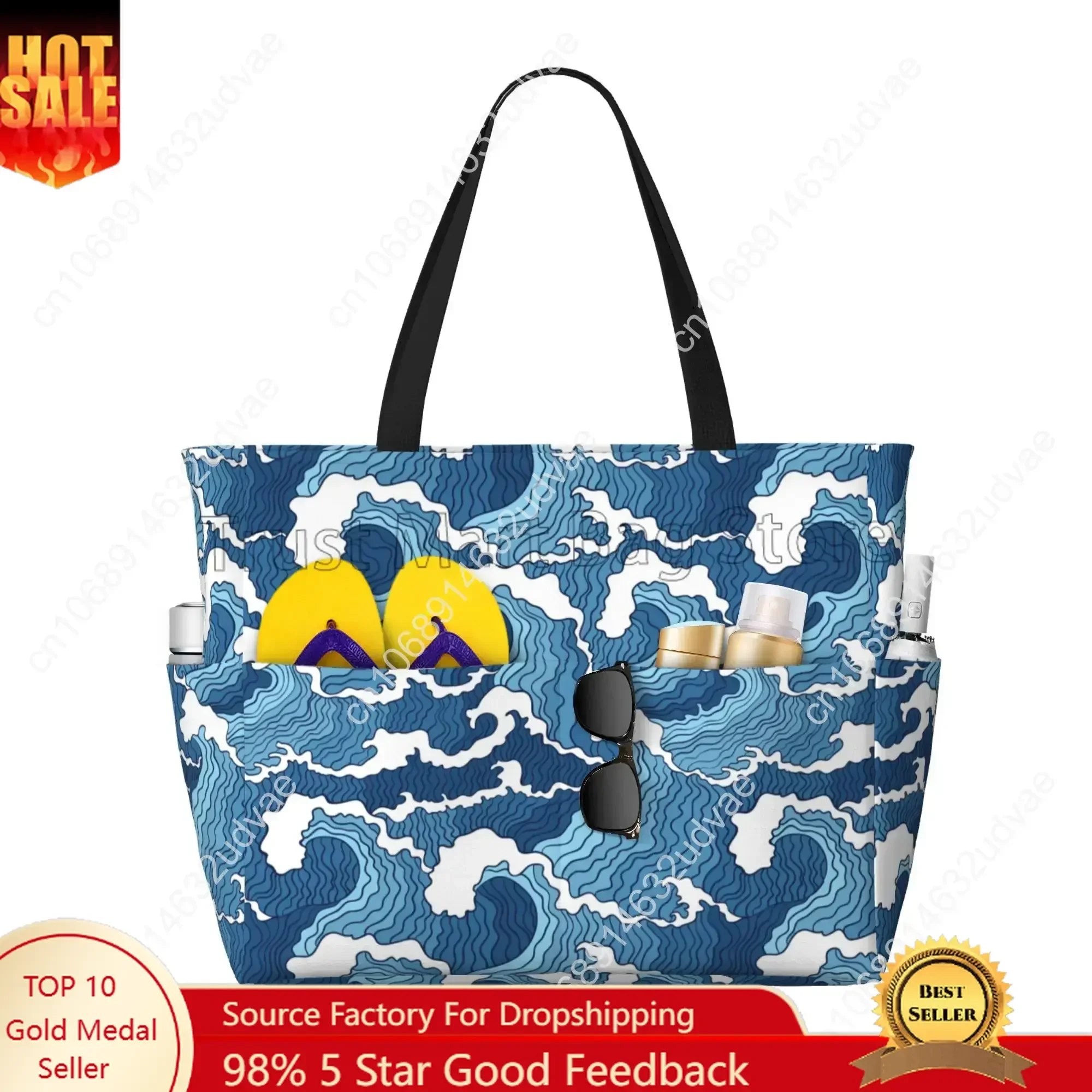 Sea Wave Beach Tote Bags for Women Waterproof Sandproof Large Pool Bag Stylish Zipper Beach Tote for Gym Travel Shopping School