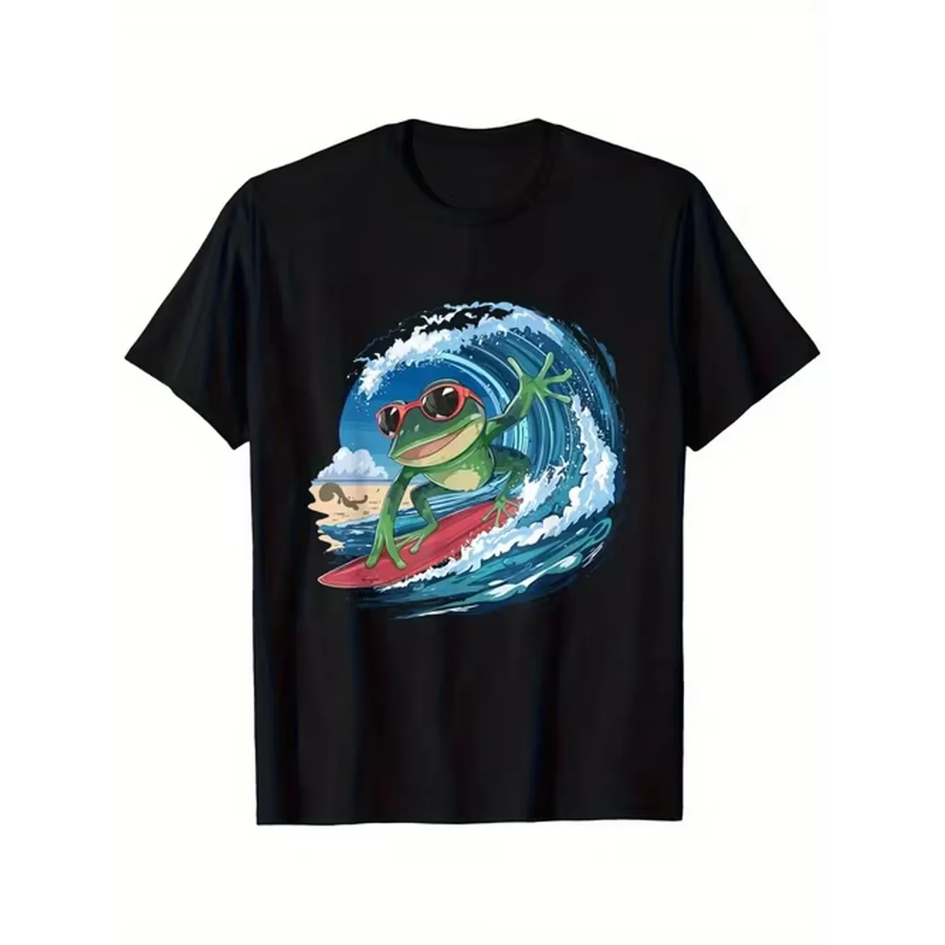 item picture mens black cotton t shirt with surfing frog graphic lightweight breathable short sleeve round neck tee surfboard frog print for casual wear outdoor surfing beach apparel fit