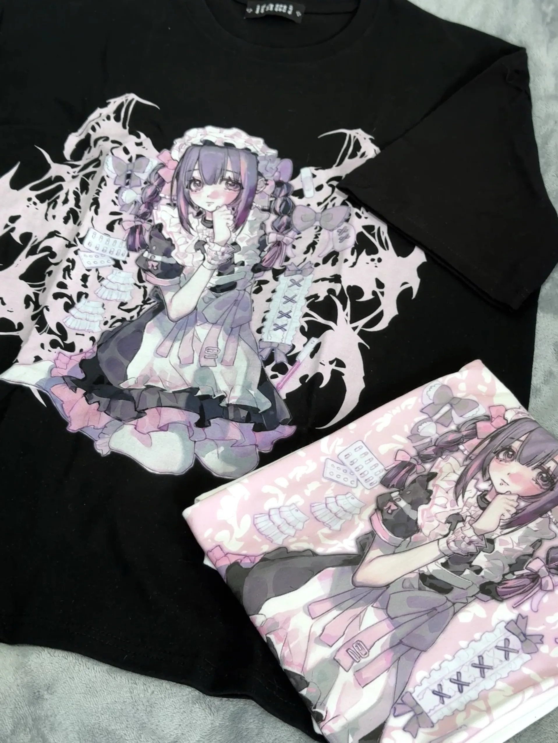 Gothic Sweet Anime Character Graphic T‑Shirt Women Harajuku Streetwear Oversized Loose Fit Short Sleeve Black Tee