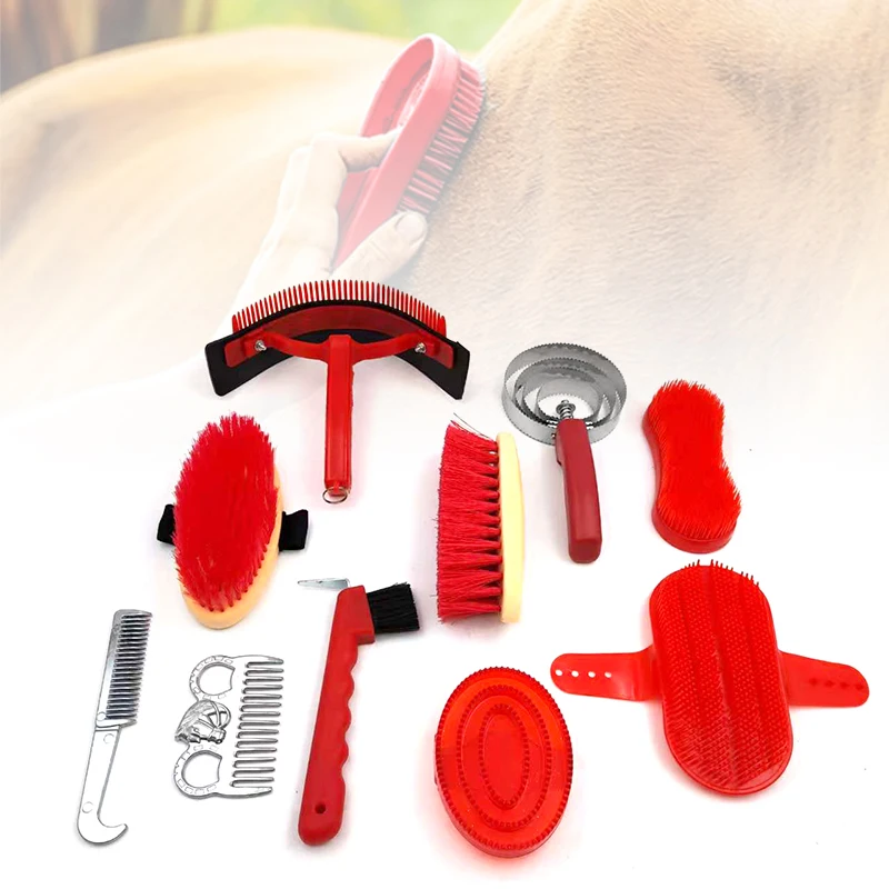 

10-Piece Red Horse Grooming Kit - Durable Equestrian Cleaning Tools with Storage Bag, Essential Horse Care Supplies