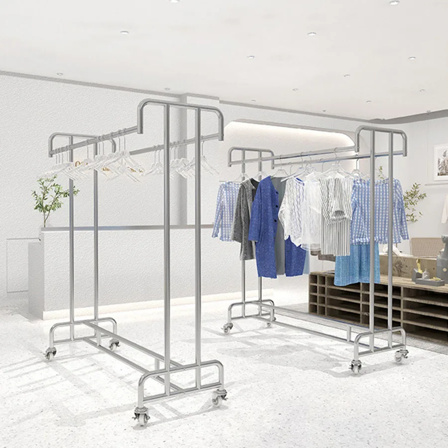 Mobile Cloth Racks Portable Metal Wheels Moving Boutique Nordic Lenght Extention Clothes Hanger Tall Cabides Shop Furniture