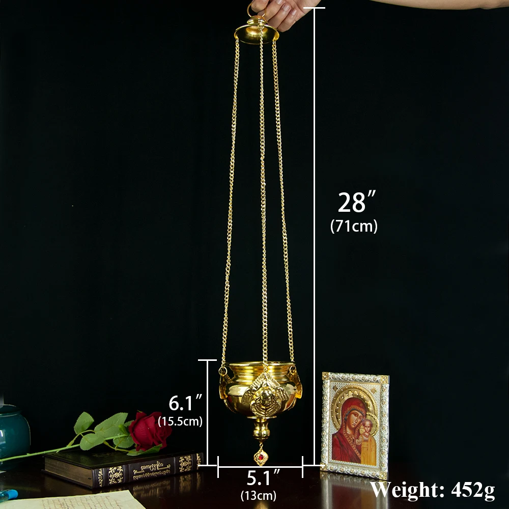 HTISOK Orthodox Vigil Oil Lamp Hanging Oil Lamp Zinc Alloy Angel Statue Glass Cup Wick Stand Church Decoration Religious Gift