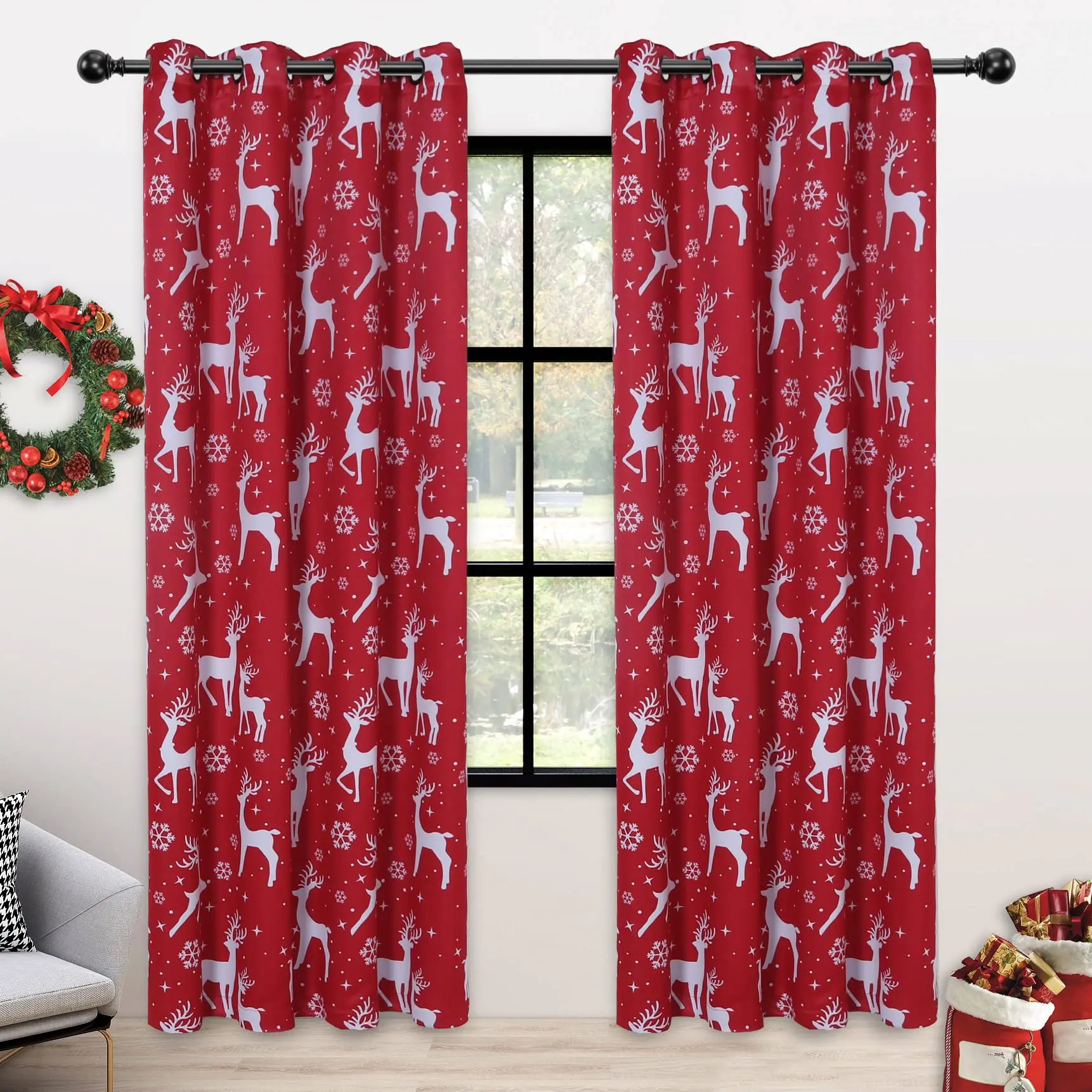 Collection Christmas Blackout Curtains Elk Printed High Shading Curtains for Bedroom Living Room Kitchen Children's Room 2 Pcs