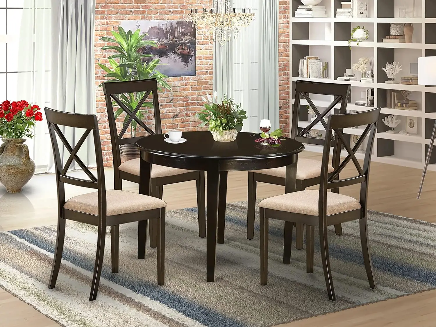 Bost5-Cap-C Boston 5 Piece Dinette Set Includes A Round Kitchen Table And 4 Linen Fabric Dining Room Chairs, 42X42 Inch