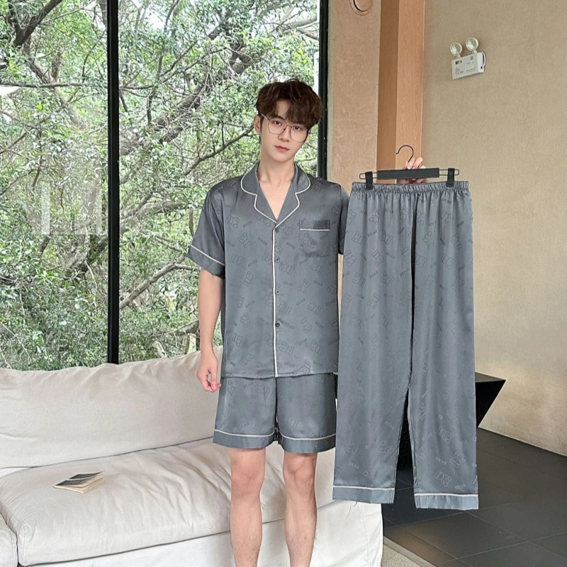 New arrivals in stock quality fashion short sleeve sleepwear shorts jacquard pattern 3 piece silk men's pajamas set