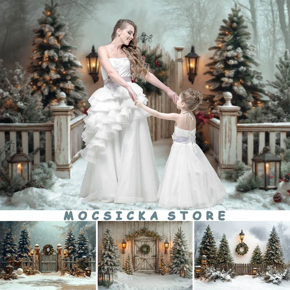 

Mocsicka Winter Snow Backdrop for Photography Snowy Forest Pine Tree Wreath Wooden Door Children Portrait Photo Background Props