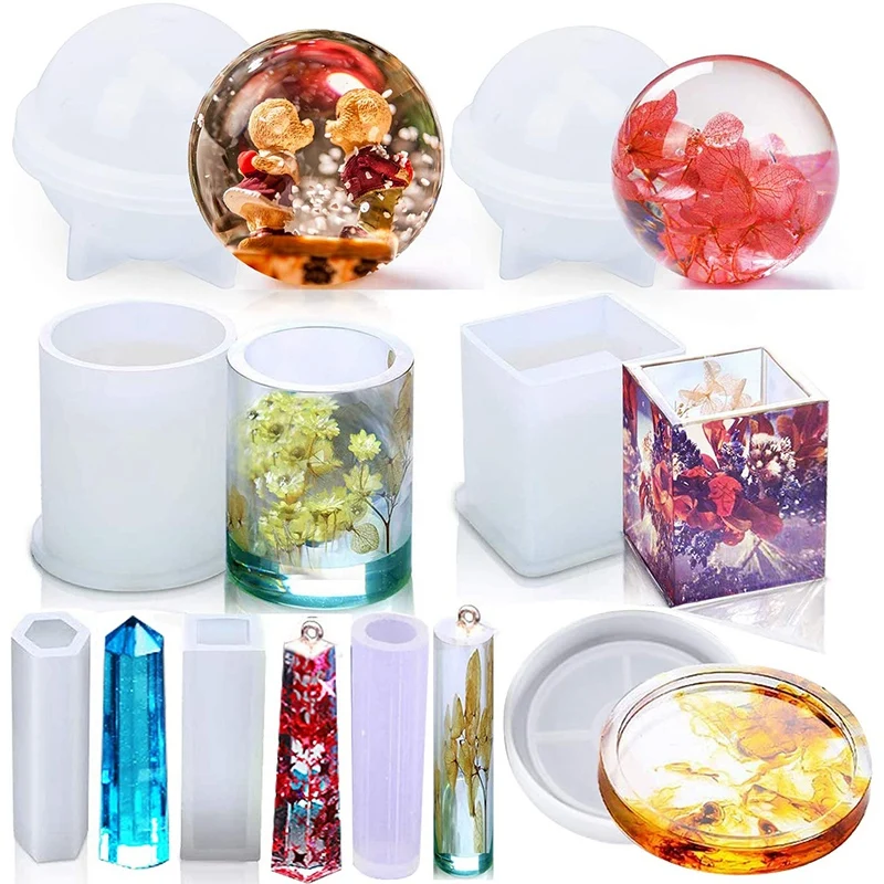 【Limited Offer】8Pcs Silicone Epoxy Resin Casting Art Molds Include Round, Square, Sphere, Pendant, Coaster for DIY Jewelry, Flow