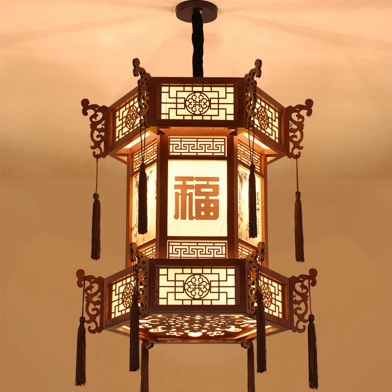 

Chinese retro solid wood palace lamp antique sheepskin chandelier palace villa hotel temple promenade pavilion hexagonal lantern