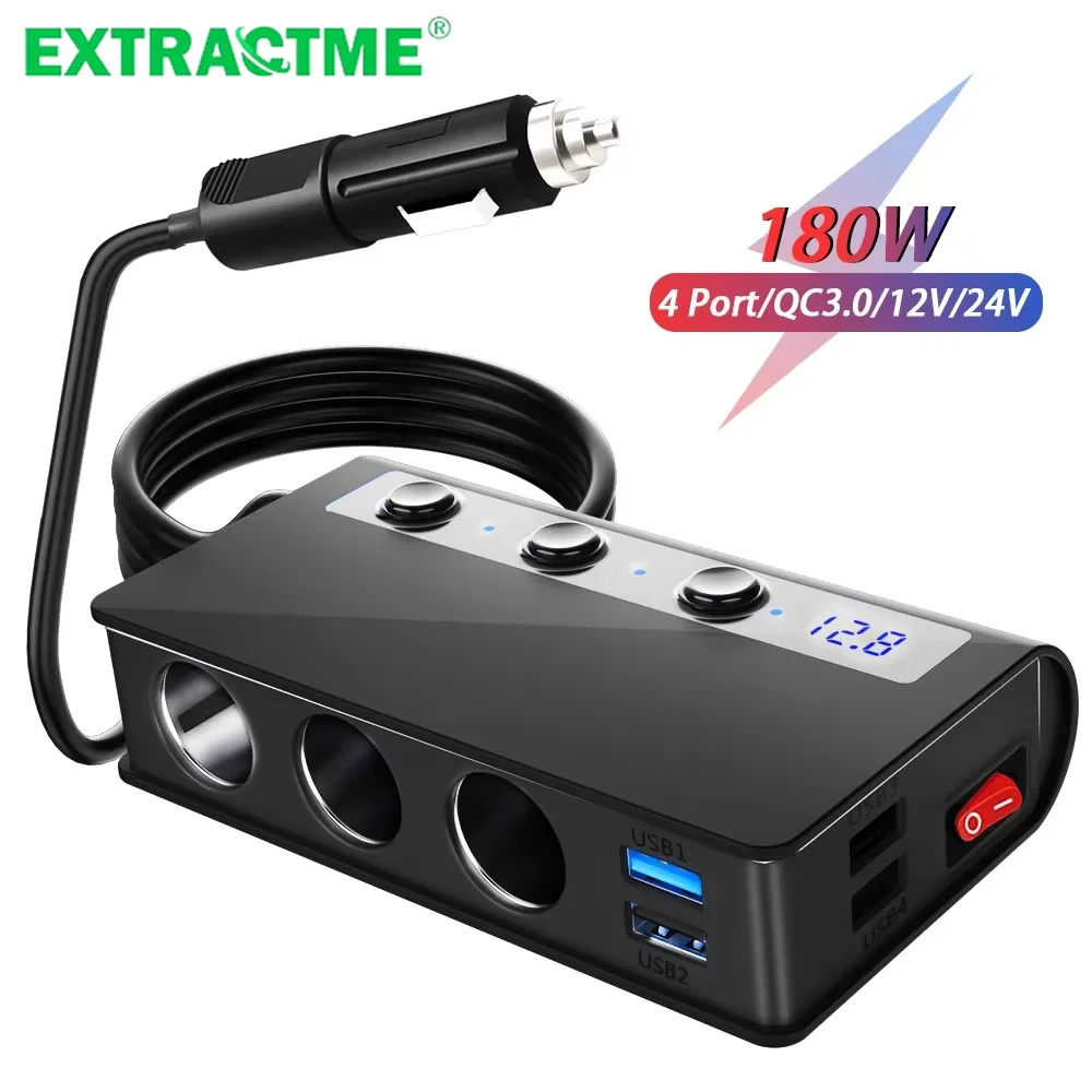 Extractme 180W Car Charger Cigarette Lighter Splitter Quick Charge 3.0 Adapter 12V/24V 4 Port USB Charging Socket For Phone IPad