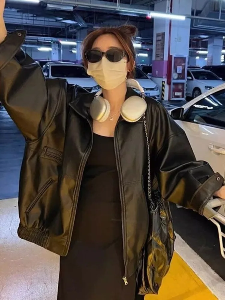 Czarna Luźna Kurtka Skórzana PU Damska Motocyklowa Kurtka Skórzana na Zamek Damska Koreańska Kurtka Skórzana w Stylu High Street Jesień 2025