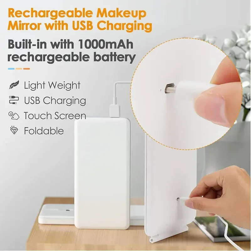LED Makeup Mirrors Household With Light Portable Folding Desktop Flat Makeup Mirror USB Rechargeable Brightness Adjustment