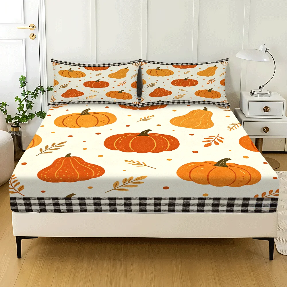Thanksgiving Halloween Mattress Protector, Essential for Harvest Parties, 2D Flat Printing, Mattress Cover, Fitted Sheet Protector, Mattress Protector, Elastic Fitted Sheet Cover King/Twin/Queen Size, Three-Piece Comfortable Decorative 2D Printed Bedding Set, Includes Deep Pocket Fitted Sheet and Two Pillowcases, Does Not Include Pillow Inserts, Machine Washable