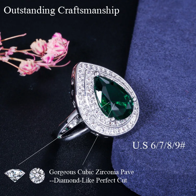 Pera High Quality Big Water Drop Lovely Green Cubic Zirconia Stone Paved Luxury Women Wedding Finger Rings for Brides Gift R053