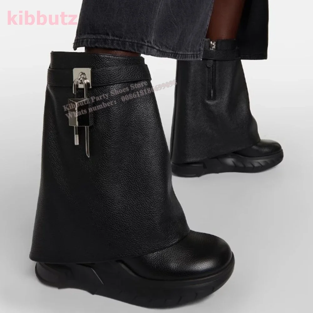 

Turned-Over Edge Knee-High Boots Platform Round Toe Metal Lock Solid Leather Height Increasing Slip-On Shoe Fashion Sexy Newest