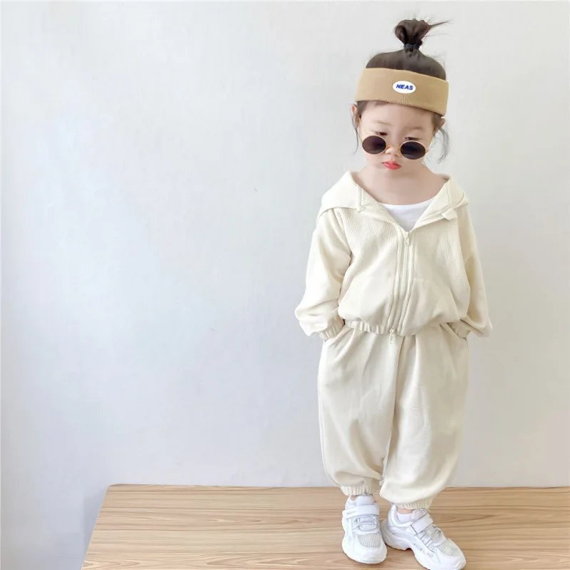 

Girls Suits Children Waffle Long-sleeved Hoodie Set 2024 Fall New Girls Casual Hooded Coat Sweatpants Two-piece Set Clothes