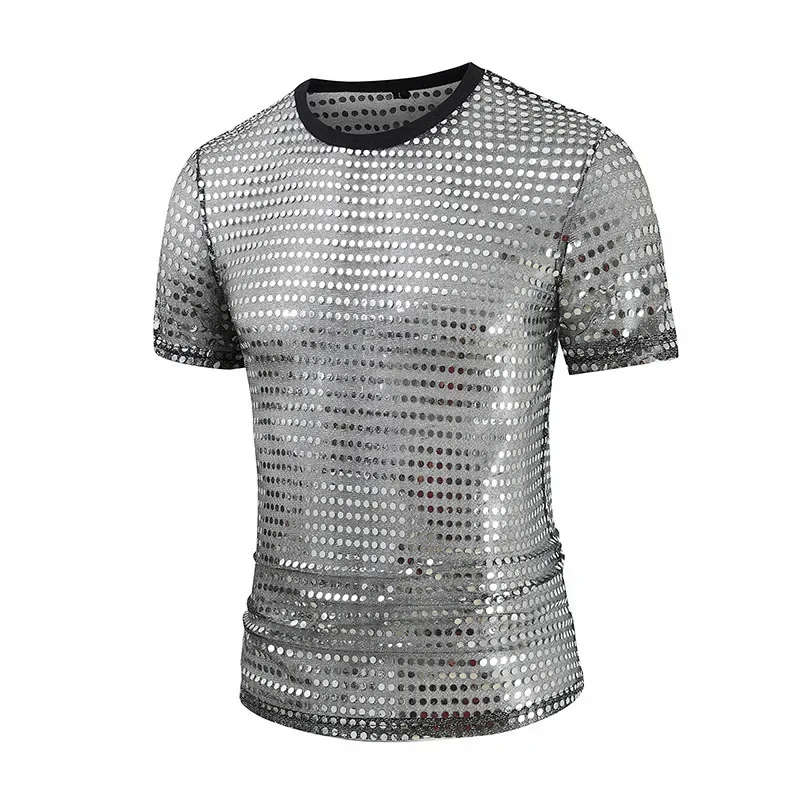 Camiseta de boate masculina, camiseta curta casual com decote em O, camiseta prateada e dourada masculina, roupa de verão, nova, 2022