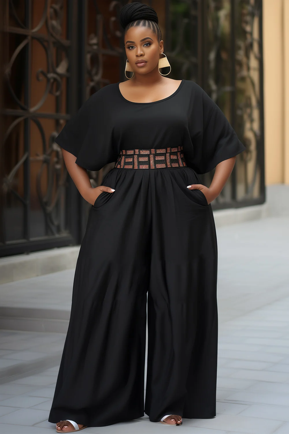 

Plus Size Daily Black Casual Round Neck Short Sleeve Pocket Wide Leg Jumpsuits