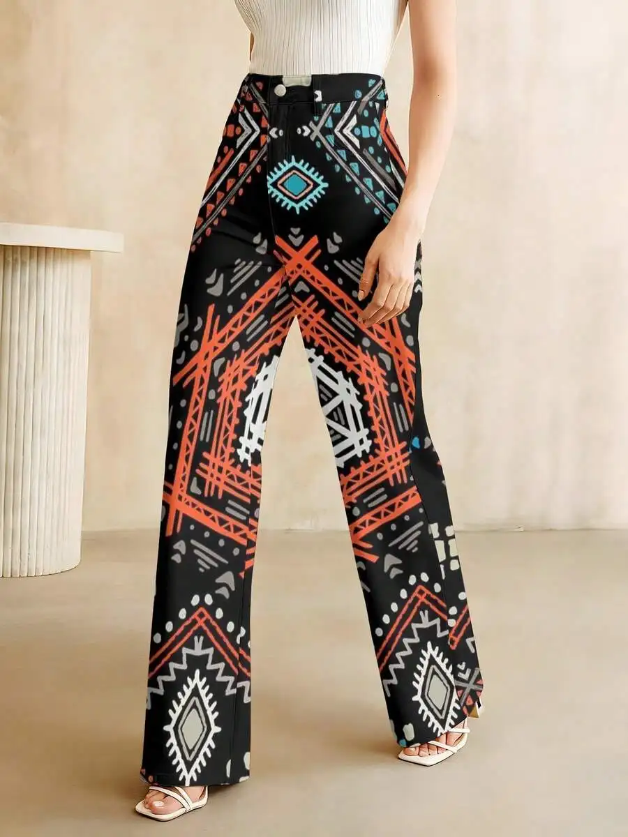 

Geometric Print Wide Leg Jeans Women Boho Casual Summer Pants