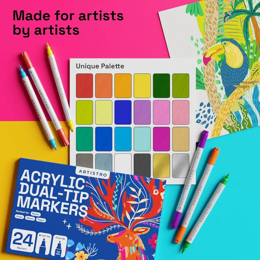 فرشاة ARTISTRO 24 ذات طرف مزدوج + أقلام طلاء أكريليك رفيعة مثالية للخط والأعمال الفنية المفصلة على القماش والزجاج الصخري DIY Pr #6