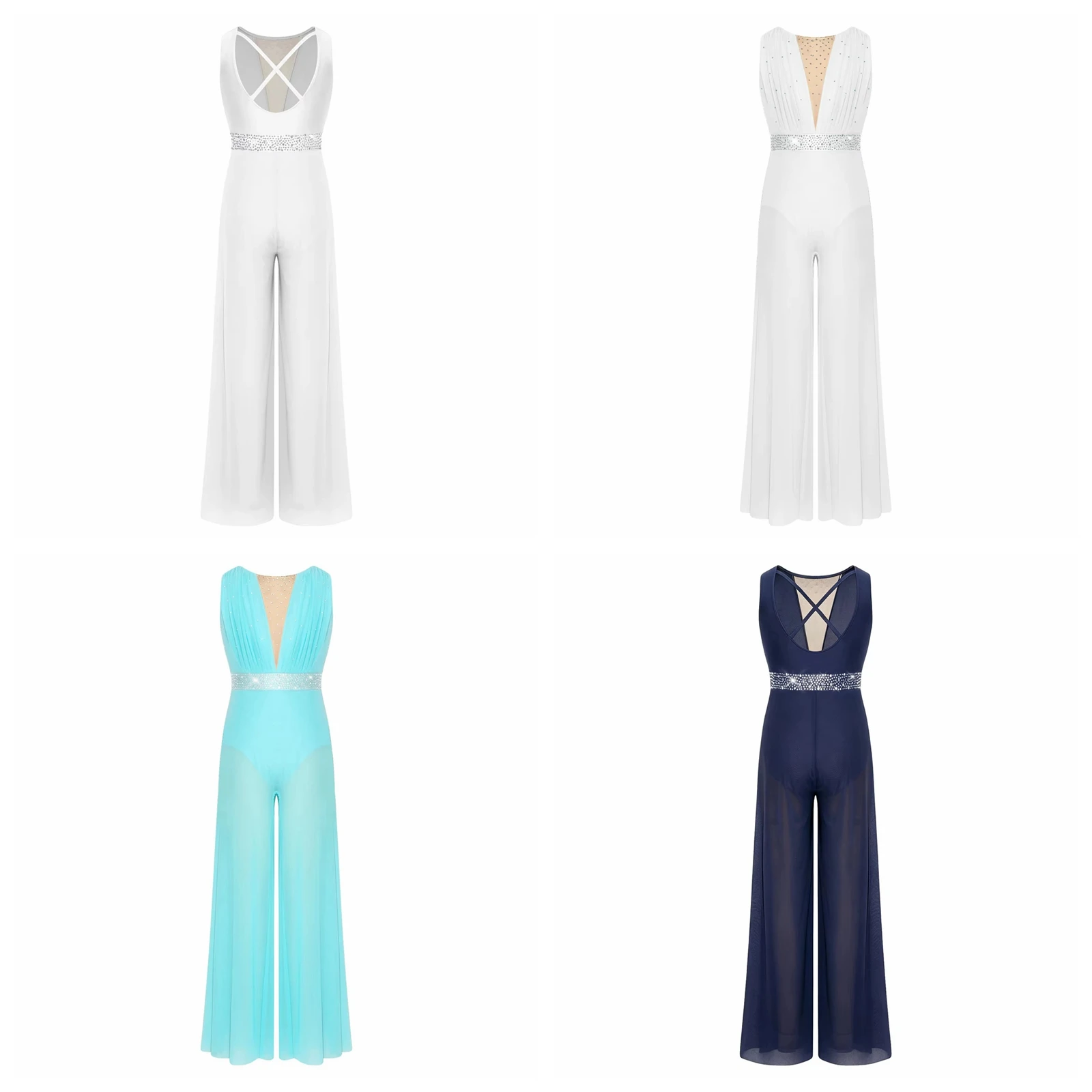 Teens Lyrical Dancewear Performance Jumpsuit Kids Girls Mesh Bodysuit Modern Dance Costume Wide-leg Pants Sleeveless Rompers
