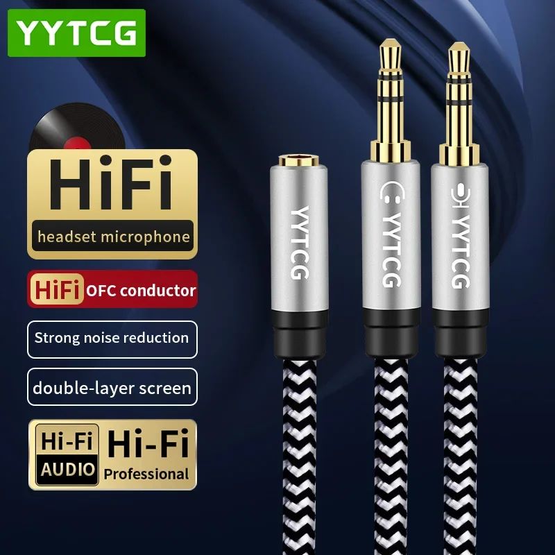 YYTCG 3.5mm Jack Microphone Headset Audio Splitter Cable Female to 2 Male Headphone Mic Aux Extension Cables For phone Computer