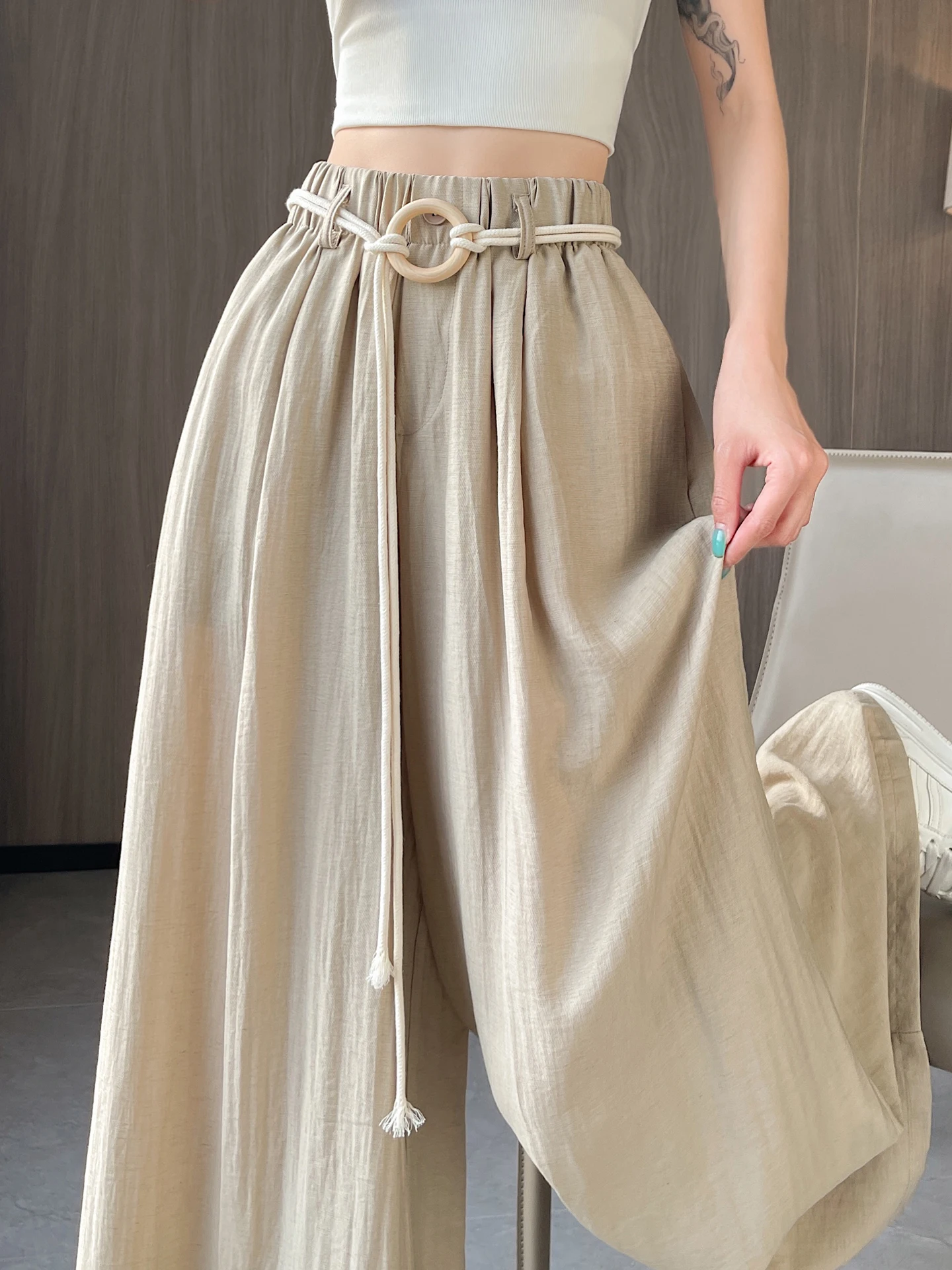 

Summer Thin High Waist Wide Leg Pants Women's Cotton Linen Loose Drapey Floor Length Yamamoto Pants Skirt Lazy Style