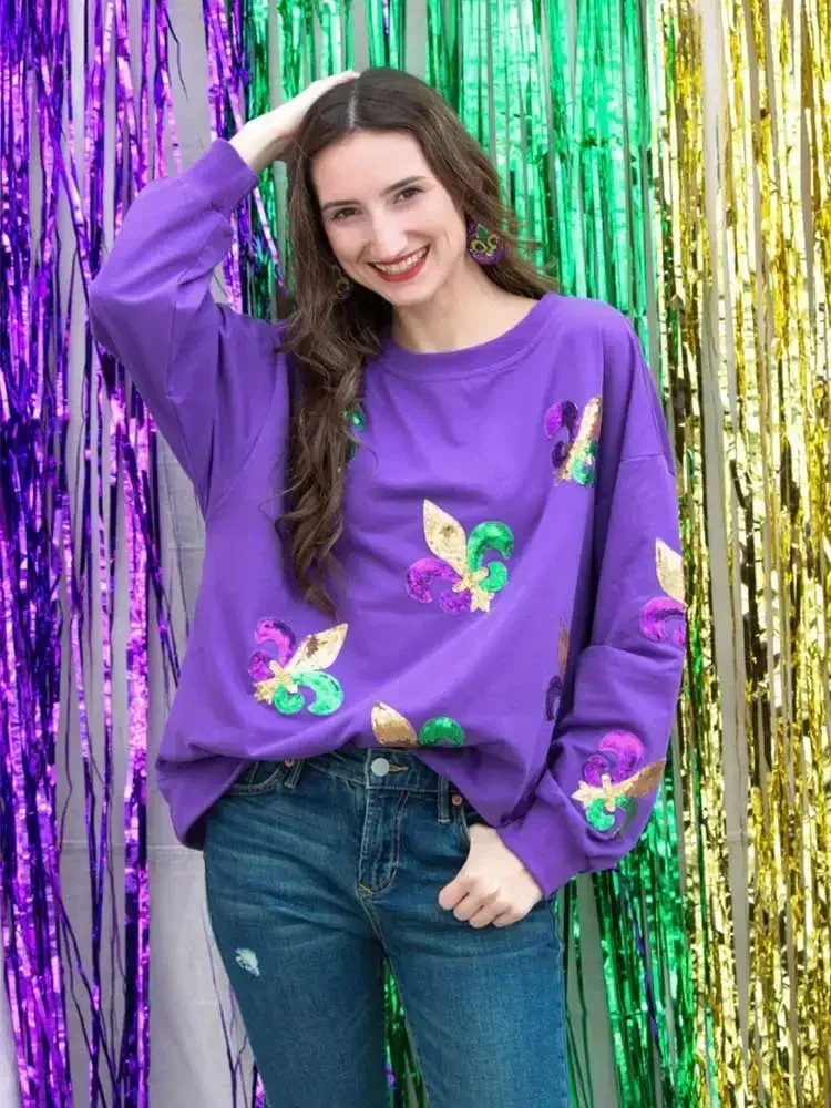 

Fleur De Lis Sequin Patches Sweatshirt Mardi Gras Pullover Women Fashion Party Sweater