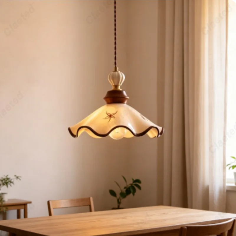 Nordic Vintage Hand-Painted Ceramic Pendant Light Home Decor LED Hanging Lamp Lighting for Dining Room Bedside Entryway Tea Room