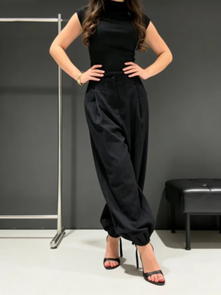 ソリッドブラックバギーハーレムパンツ女性のカジュアル弾性カフハイウエストルーズパンツ 2026 新作春秋シックなストリートウェア