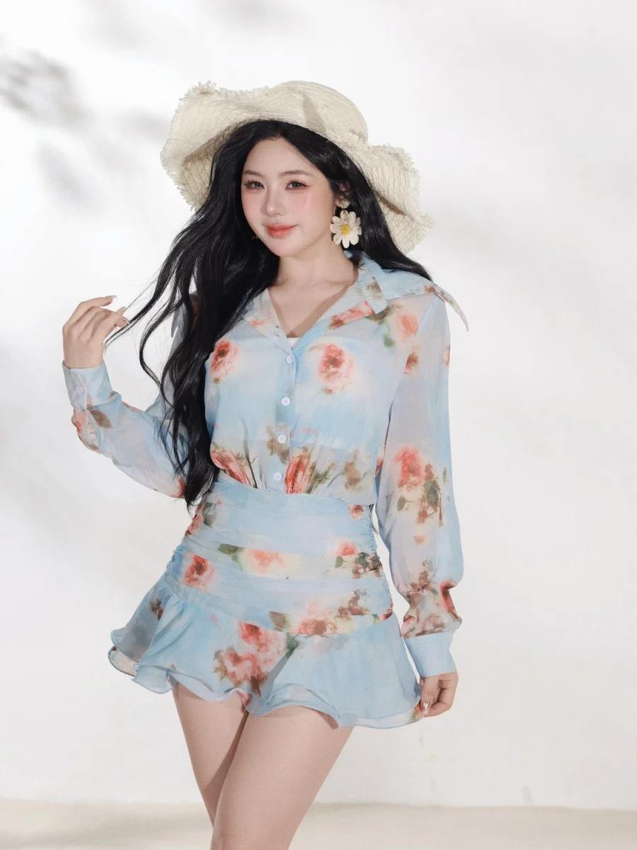 

Женское модное платье из шифона с цветочным принтом, V-образным вырезом, плиссированной талией и длинными рукавами, синее, для праздников