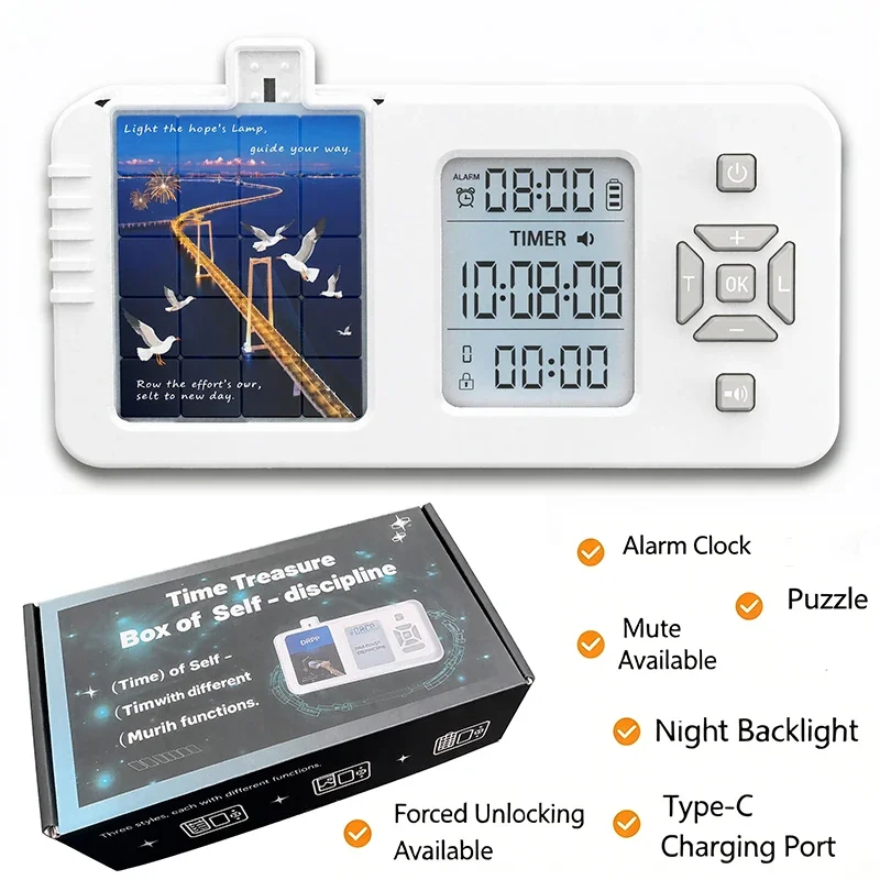 Phone Lock Box with Timer Alarm Clock Night Backlight Mute&Forced Unlocking Available Type-C Charger Port Puzzle Anti-Phone Case