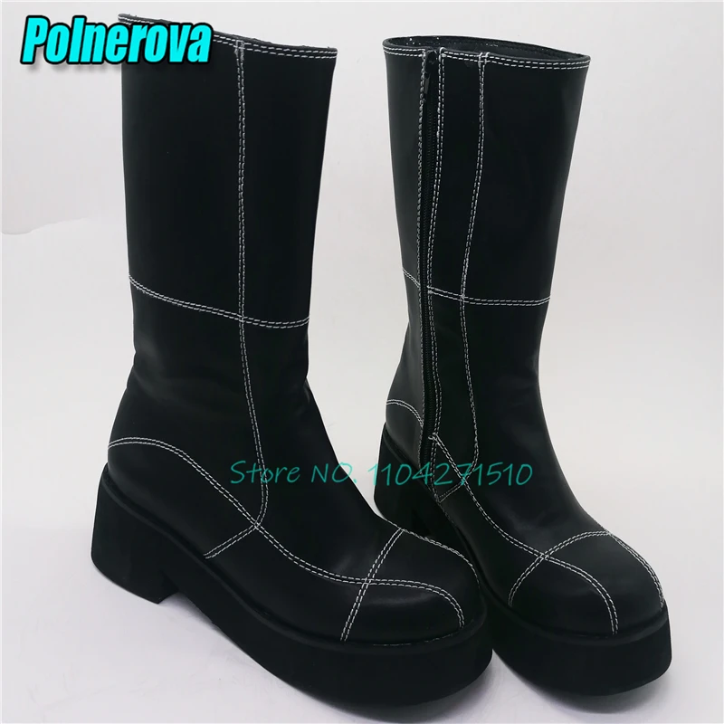 

Женские мотоциклетные ботинки на платформе и толстой подошве, длинные ботинки на среднем каблуке с круглым носком и боковой молнией, весна-осень, новая модная обувь для подиума