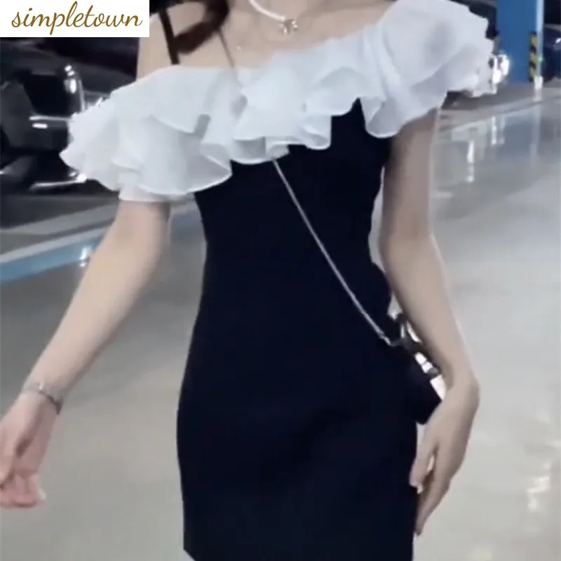 Korean Version of One Shoulder Lotus Leaf Edge Dress for Women's 2024 Summer New Collection Waist Slimming Short Skirt