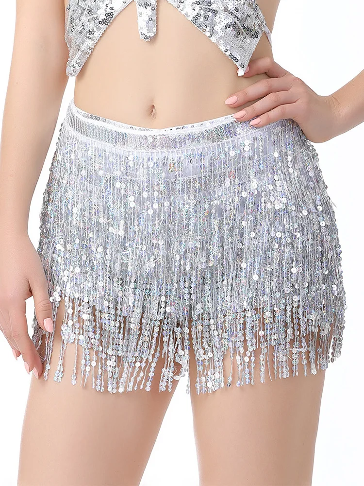 Halloween Costume Belly Dance Hip Scarf Sequin Fringe Skirt Waist Scarf Sequin Bohemian Lace Sequin Dance Skirt Waist