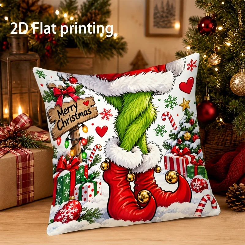 Merry Christmas Grinch Throw Pillow Cover Grinch Legs Santa Boots Gift Box Cushion Case Xmas Home Decor Gift 100% Cotton
