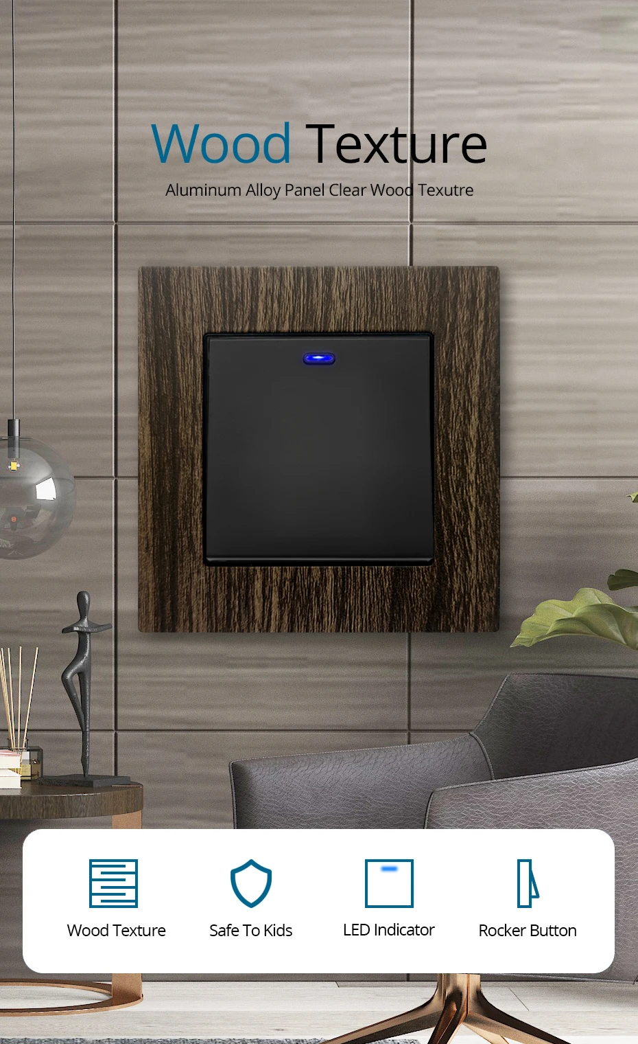 Wallpad Wood Texture Aluminum Alloy Panel EU Electrical Sockets And Wall Switches With LED 1 2 3 Gang 2 3 Way USB Charge Port