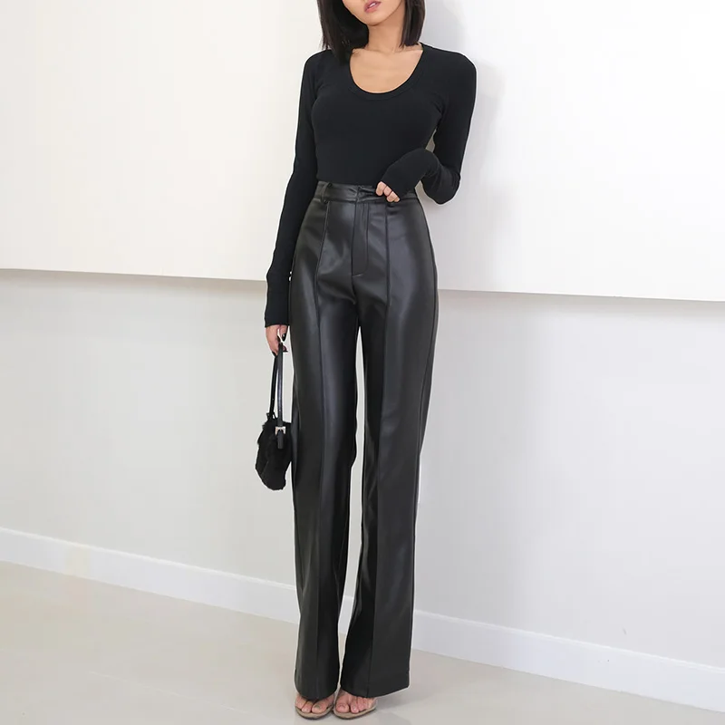 

Fashion Straight Leg Pants Casual Loose Women's Trousers Black Genuine Leather Pants