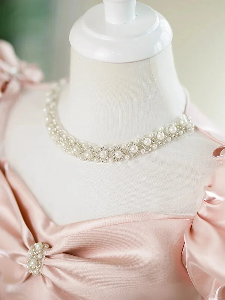 Elegante vestido rosa de cetim com pérolas e pérolas para meninas, até o joelho, adorável, primeira comunhão, festa de aniversário, florista, criança