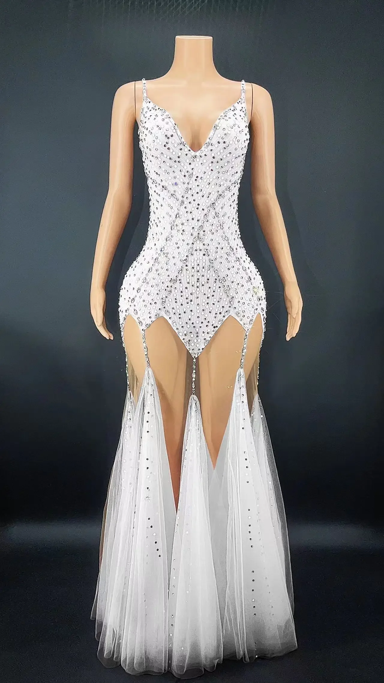 

Women Sexy Stage Rhinestone Transparent Evening Birthday Celebrate Costume Dress
