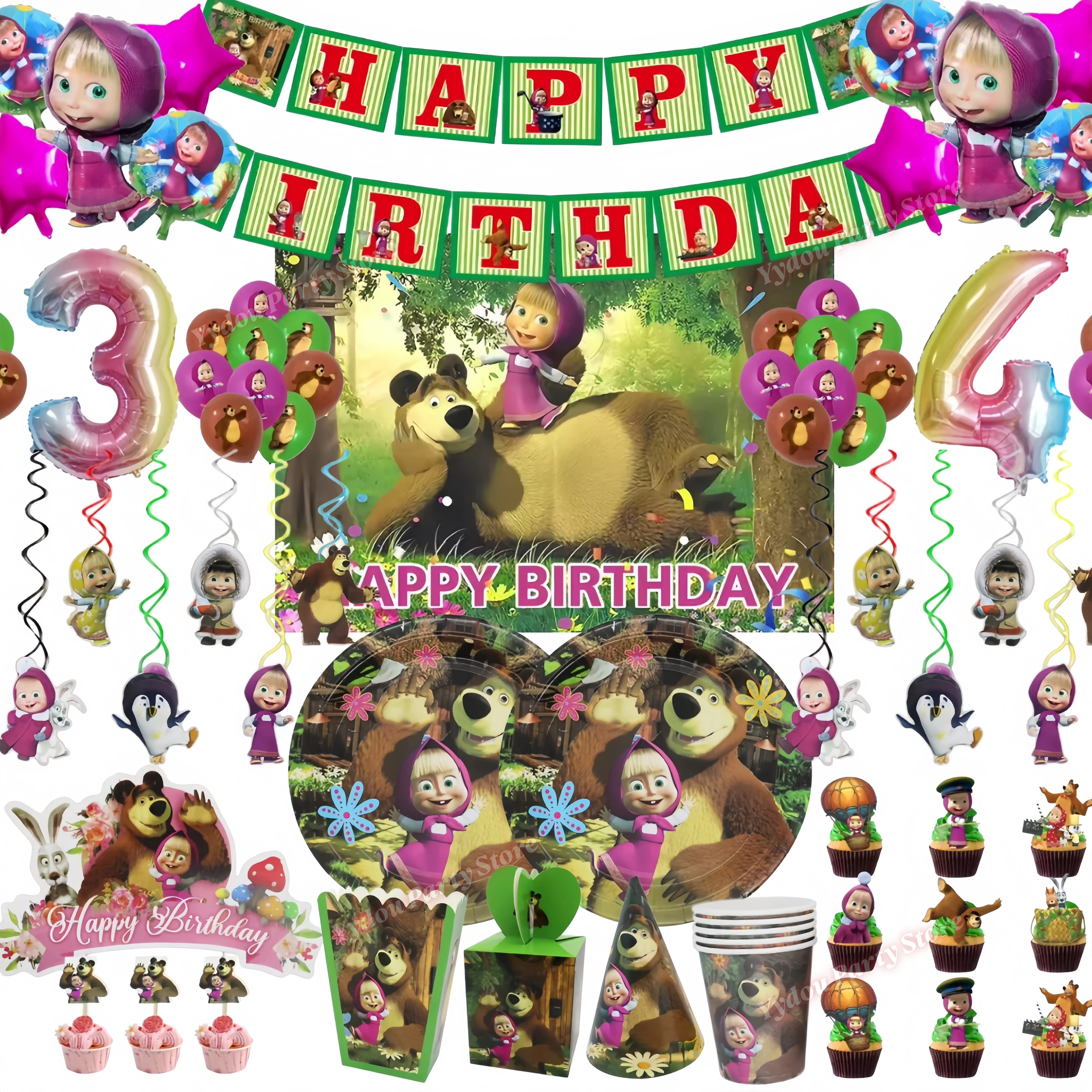 Mashaed Geburtstagsparty-Dekoration Bären-Thema Teller Becher Banner Tortendekoration Luftballons für Kinder Babyparty Geschenk Mädchen Fotobox