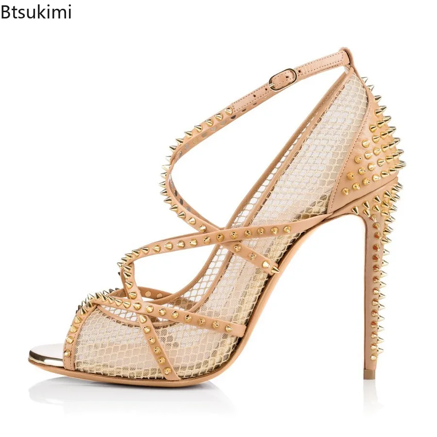 2025 Women's Summer Sexy Black Fishnet High Heels with Spikes Peep Toe Studded Strappy Mesh Pumps Nude Ladies Stiletto Heel Shoe