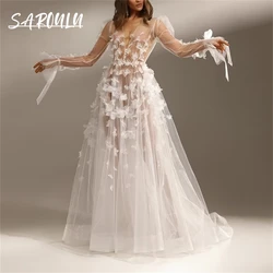 3D Appliques Tulle A Line Wedding Dresses For Women 2024 Long Sleeves Illusion Bridal Gown Vestidos De Novia Tailored Bride Gown