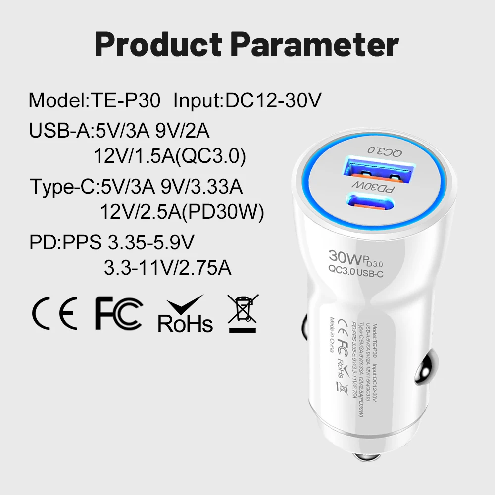 USB Tipo C Carregador De Carro De Carregamento Rápido, Adaptador De Telefone Para iPhone 14, 13, Xiaomi, Huawei, Samsung S21, S22, Carga Rápida, PD, QC3.0, 30W