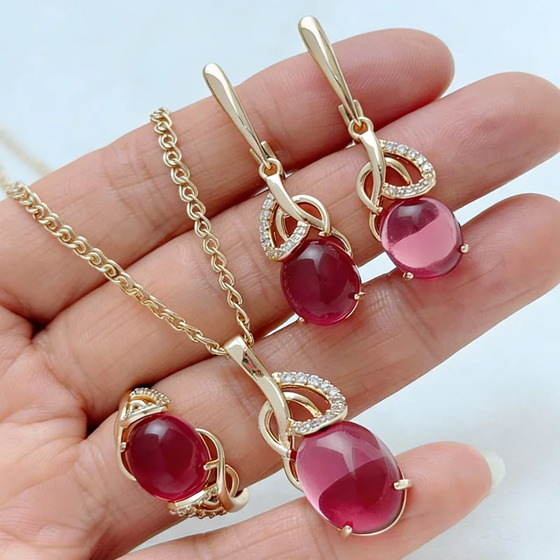 Kinel Trend Rotes Natürliches Zirkon-Schmuckset für Damen Mode 585 Roségold-Farbe Ring Ohrringe Halskette 3-teiliges Vintage-Schmuckset