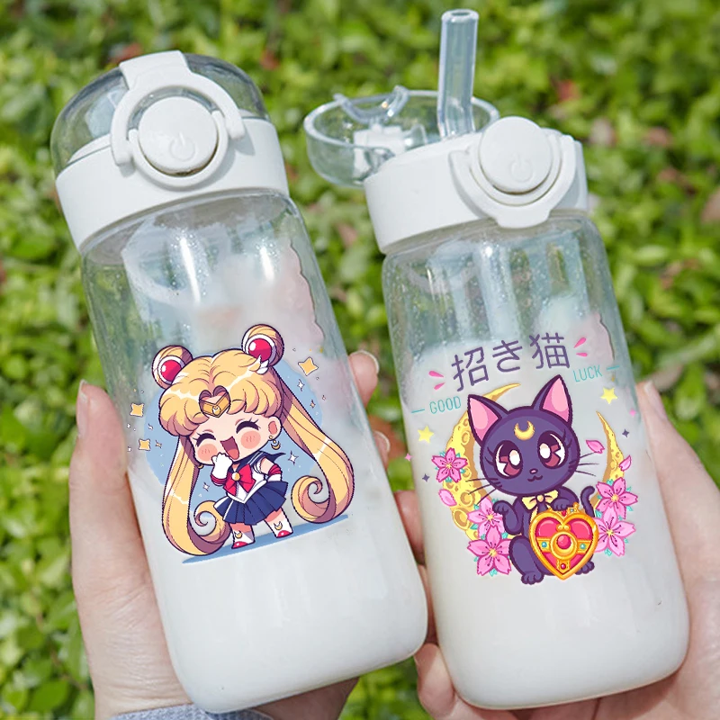 Niedliche Sailor Moon Kinder-Wasserflasche 400ml Cartoon-Mädchen Outdoor-Sport Transparenter Trinkbecher mit Strohhalm für Schule und Reisen Auslaufsichere Trinkflasche