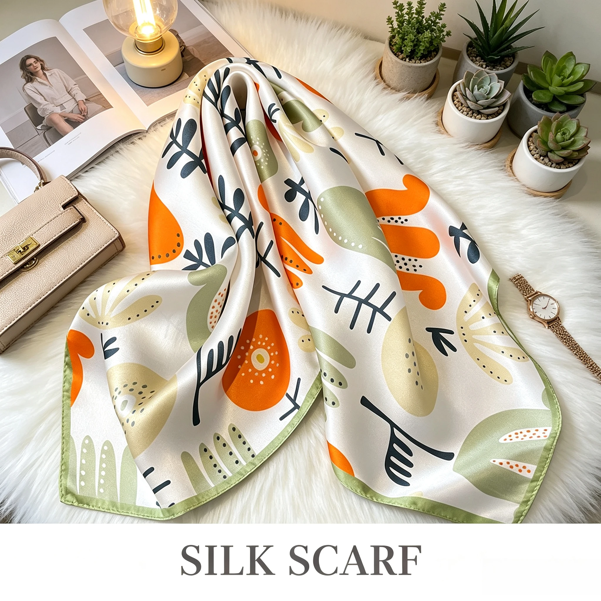 Korean Version of Abstract Tulip Cartoon Illustration 53 Square Scarf Silk Mulberry Silk Scarf Tied Bag Decorative Silk Scarf